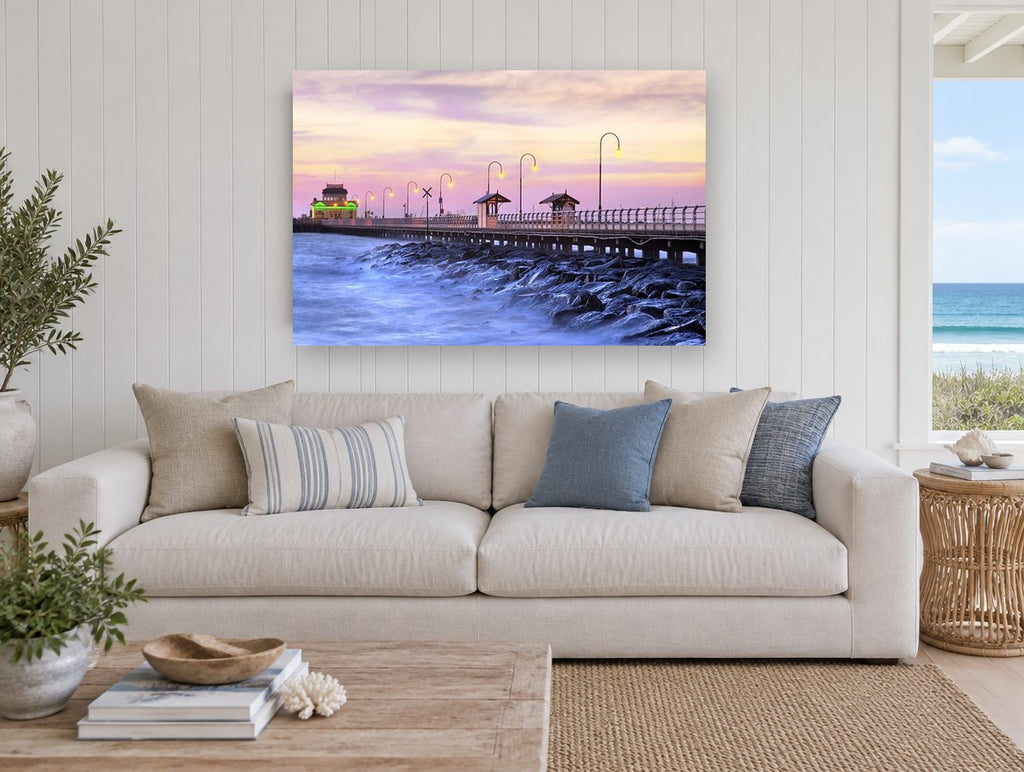St Kilda Pier Twilight coastal canvas print on the wall of a beach house living room