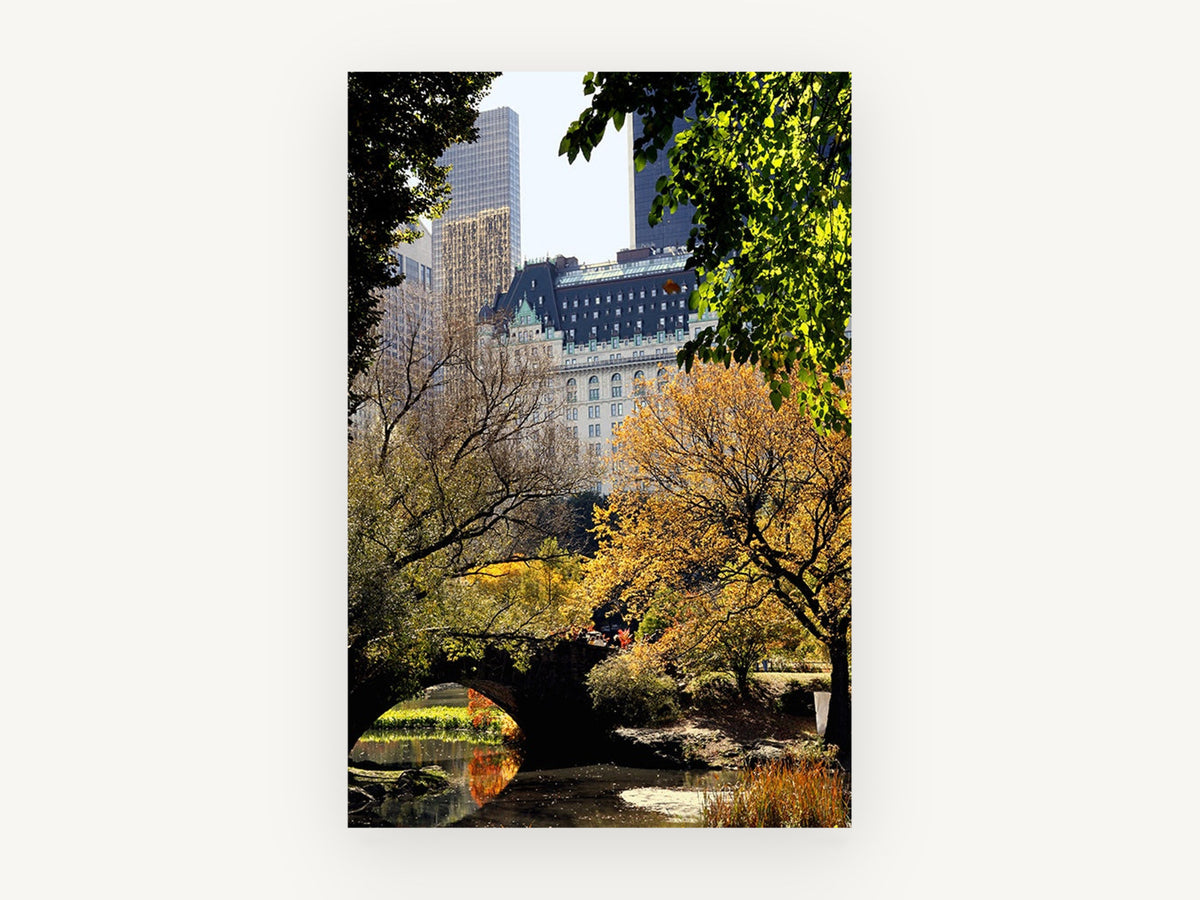Autumn Beyond Gapstow, central park autumn bridge photograph, city canvas wall art print, front view