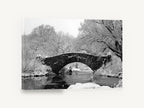 Snowbound Stone Arch, central park snow bridge black and white photograph, city canvas wall art print ready to hang