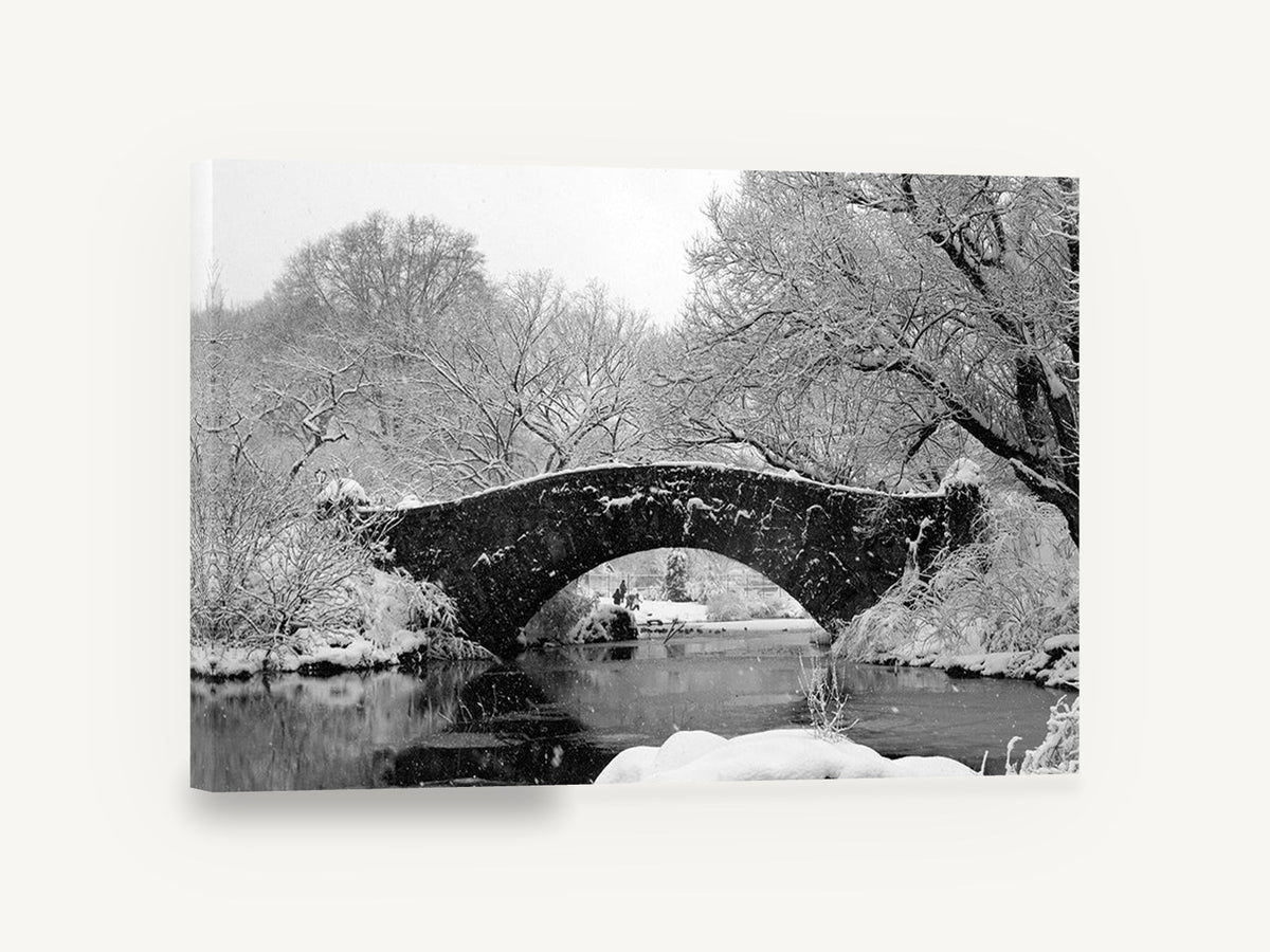Snowbound Stone Arch, central park snow bridge black and white photograph, city canvas wall art print ready to hang