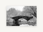 Snowbound Stone Arch, central park snow bridge black and white photograph, city canvas wall art print, front view