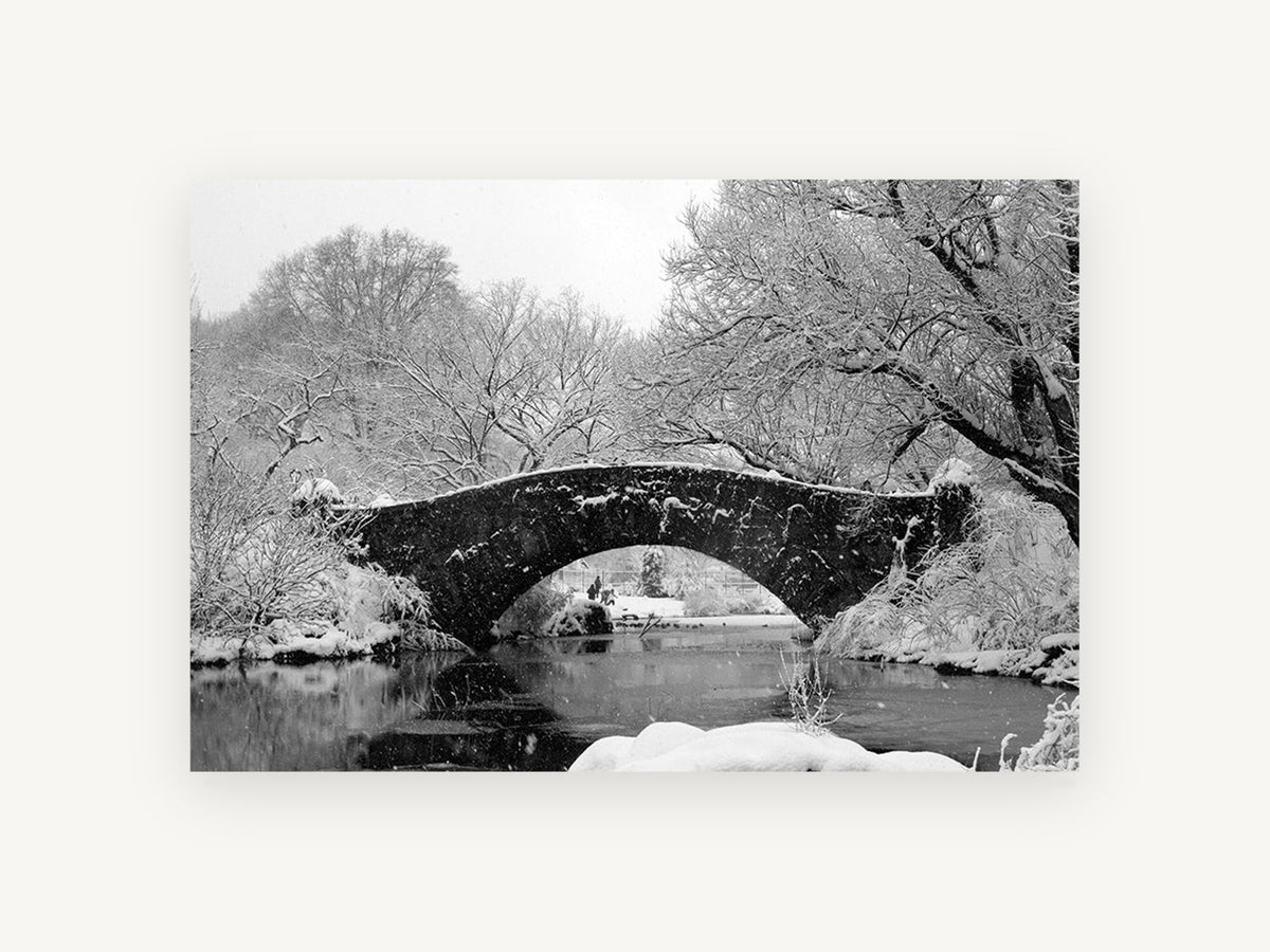 Snowbound Stone Arch, central park snow bridge black and white photograph, city canvas wall art print, front view