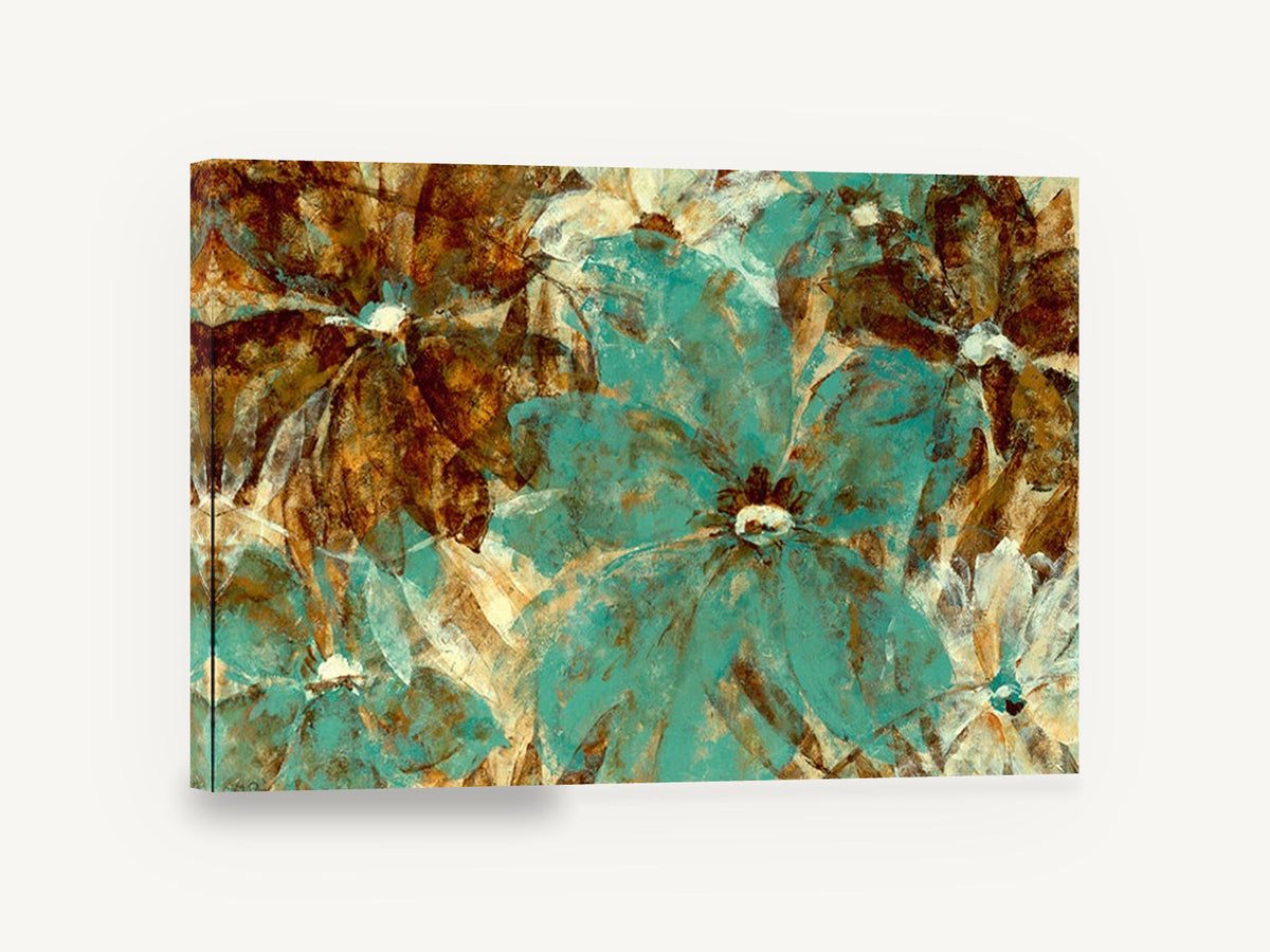 Teal Garden Overlap, teal and brown abstract floral painting, floral canvas wall art print ready to hang