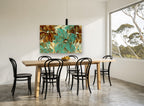 Teal Garden Overlap floral canvas print on the wall of a dining room