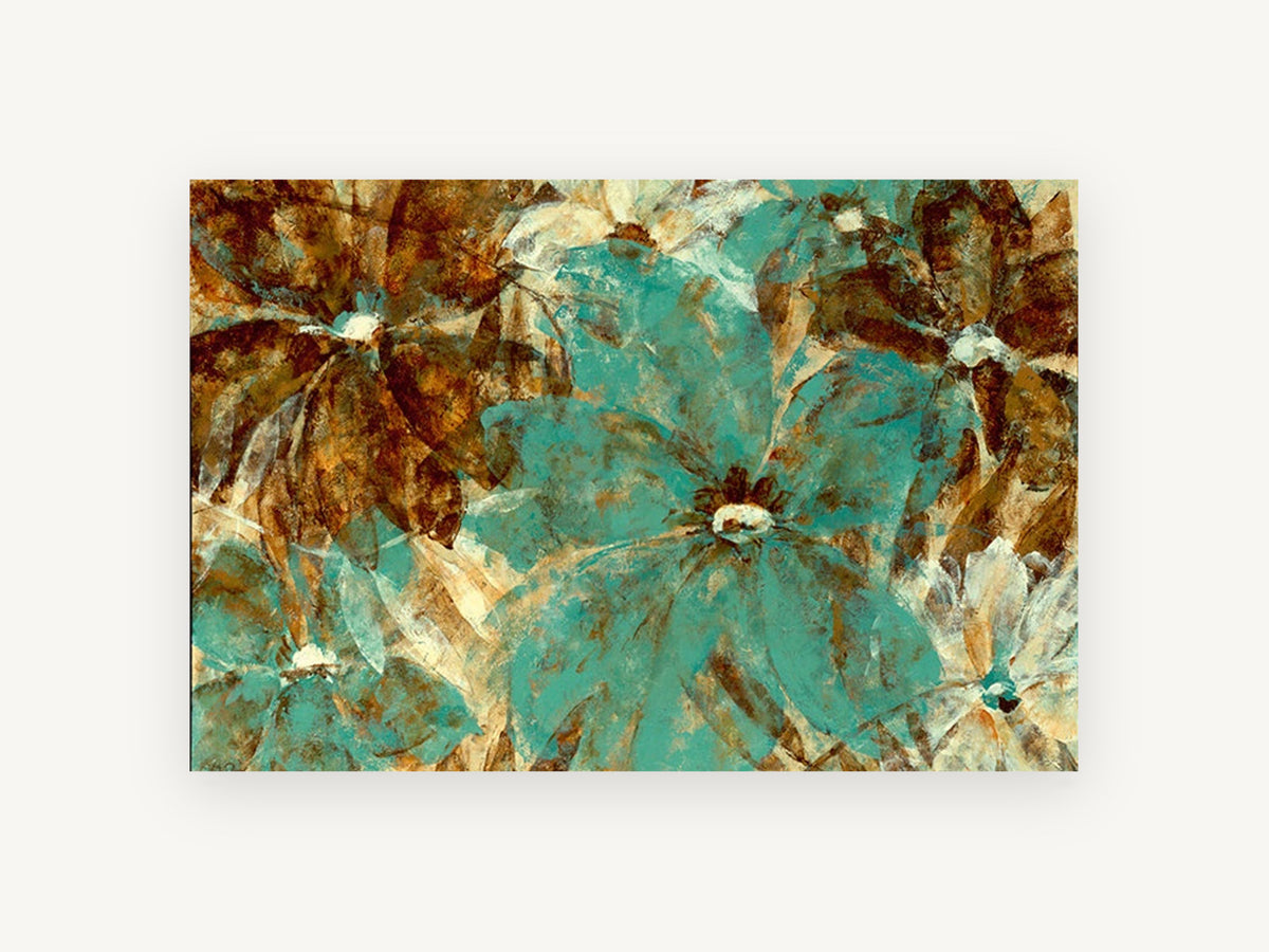 Teal Garden Overlap, floral canvas wall art print, front view