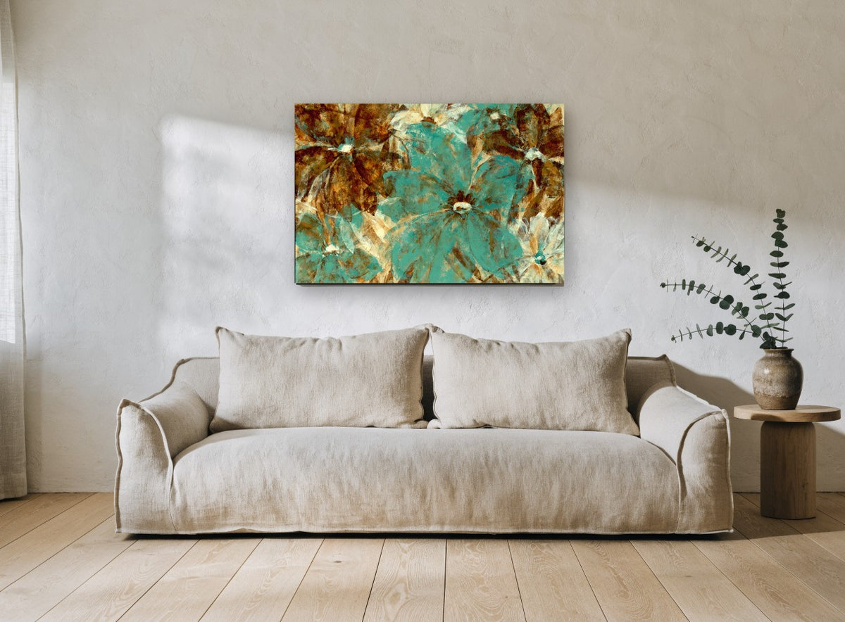 Teal Garden Overlap floral canvas print on the wall of a living room