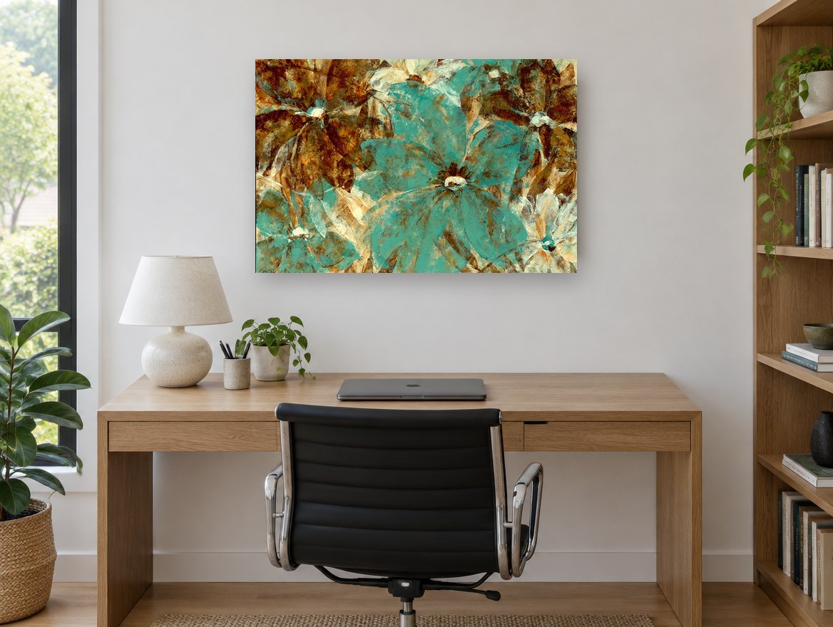 Teal Garden Overlap floral canvas print on the wall of a study