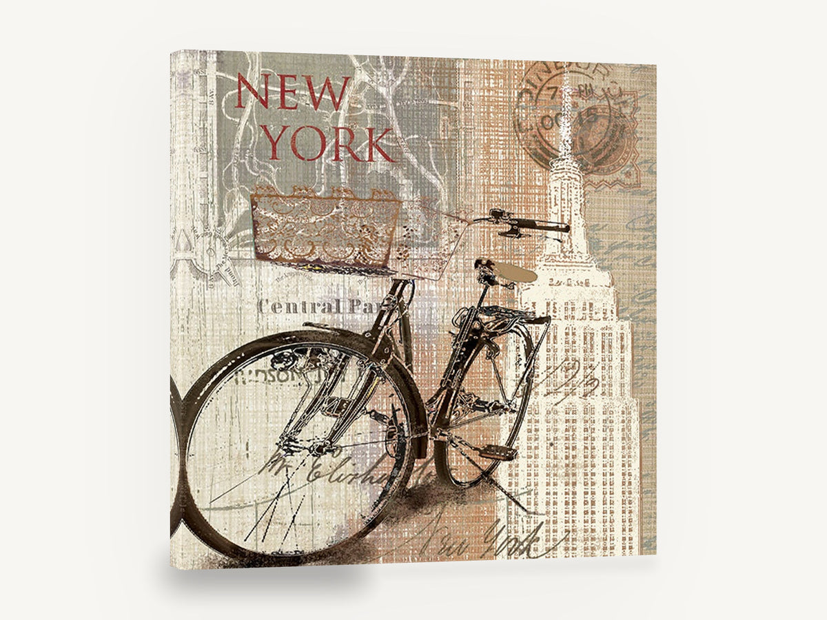 Bicycle Beneath the Empire State, vintage new york bicycle travel, stretched canvas wall art print ready to hang
