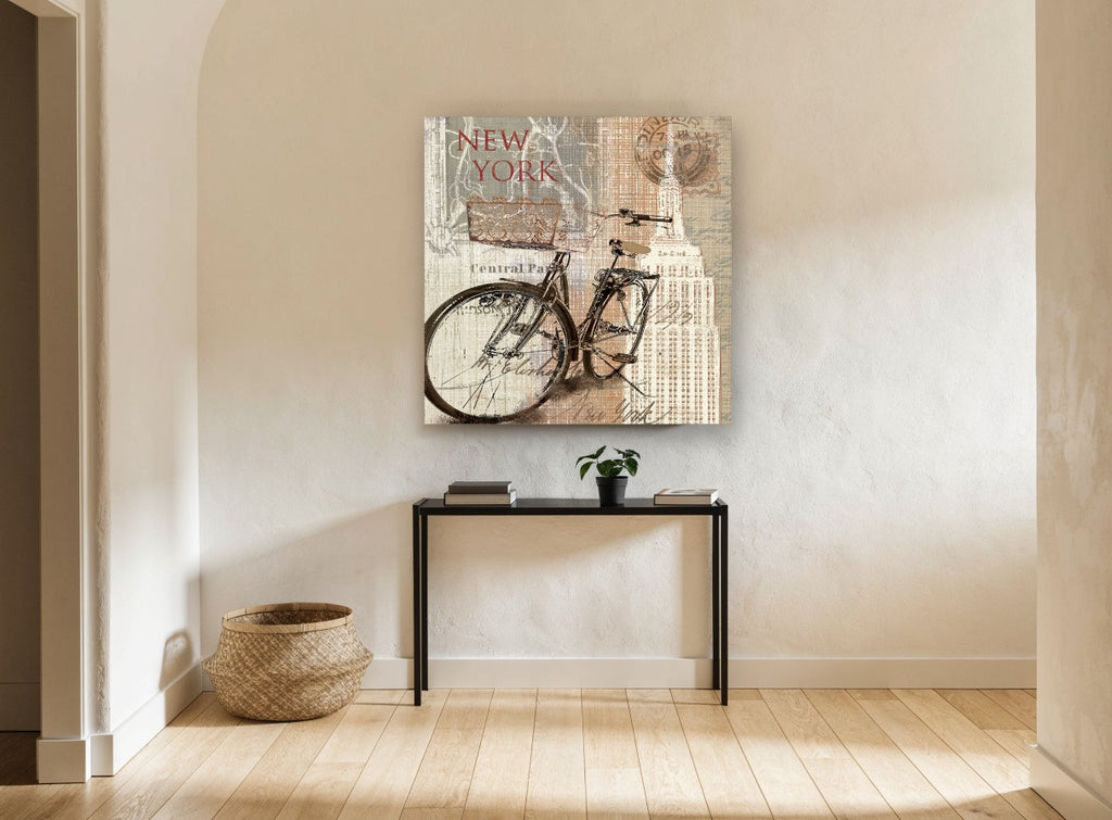 Bicycle Beneath the Empire State vintage canvas print on the wall of a hallway