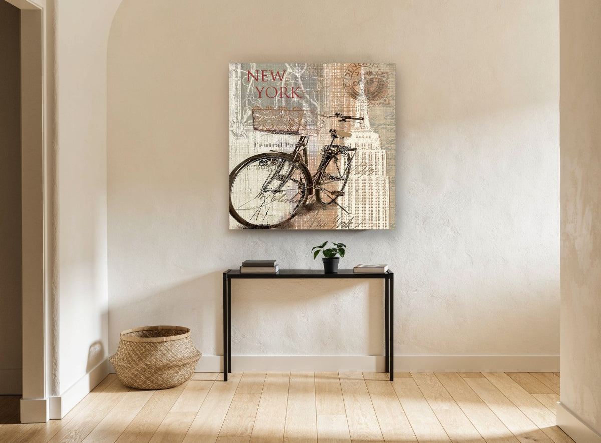 Bicycle Beneath the Empire State vintage canvas print on the wall of a hallway