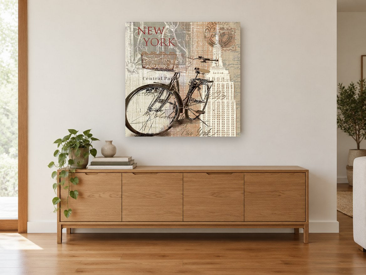 Bicycle Beneath the Empire State vintage canvas print on the wall of a living room above a sideboard