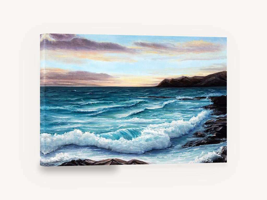 Dusk Over Teal Surf, teal ocean waves sunset painting, coastal canvas wall art print ready to hang