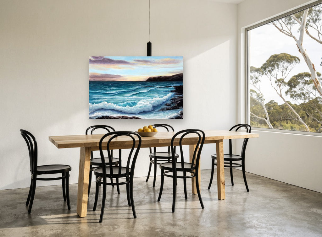 Dusk Over Teal Surf coastal canvas print on the wall of a dining room