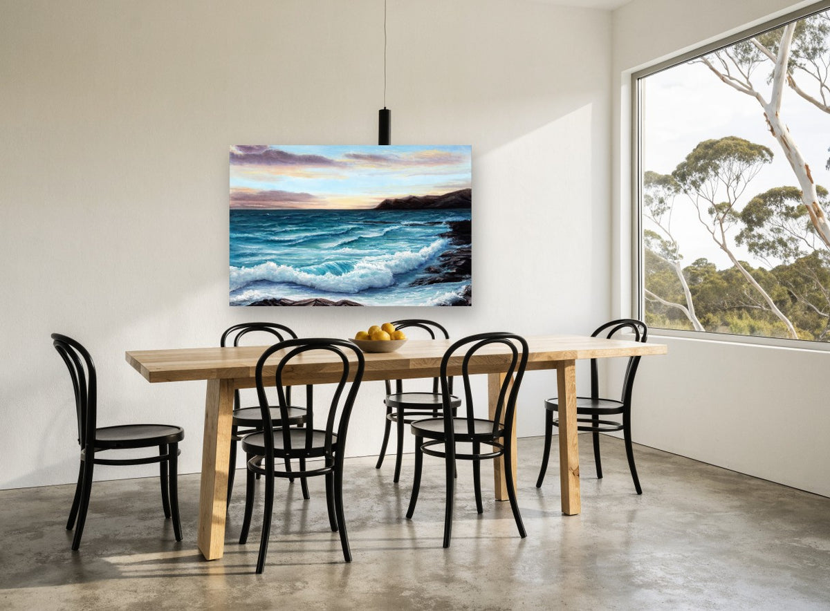 Dusk Over Teal Surf coastal canvas print on the wall of a dining room
