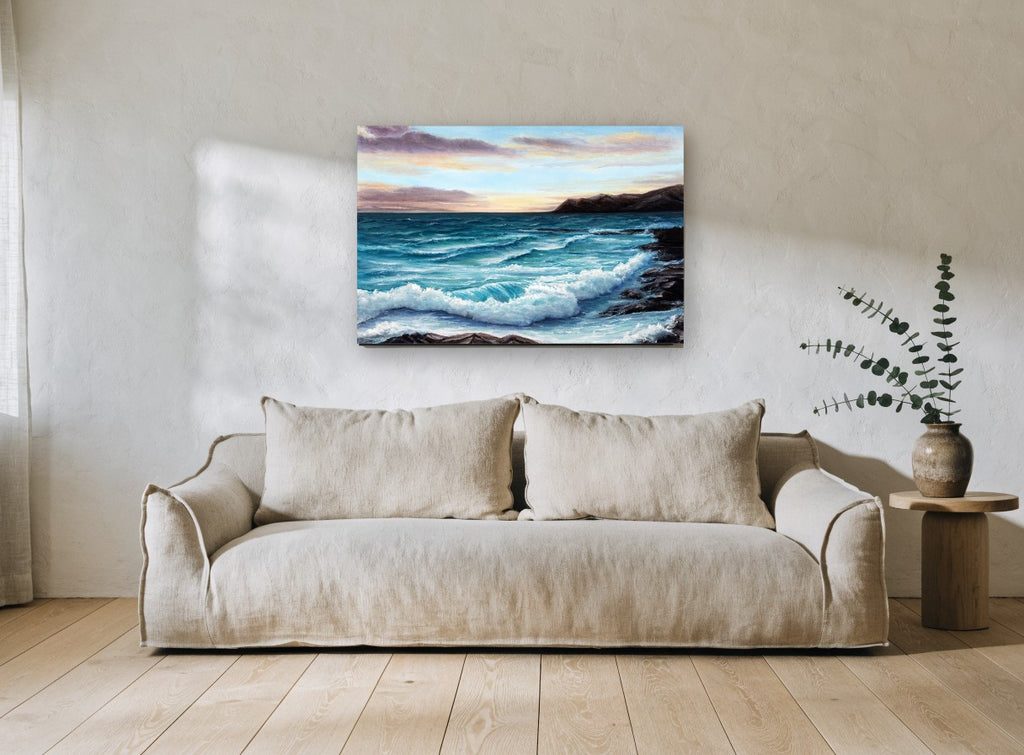 Dusk Over Teal Surf coastal canvas print on the wall of a living room