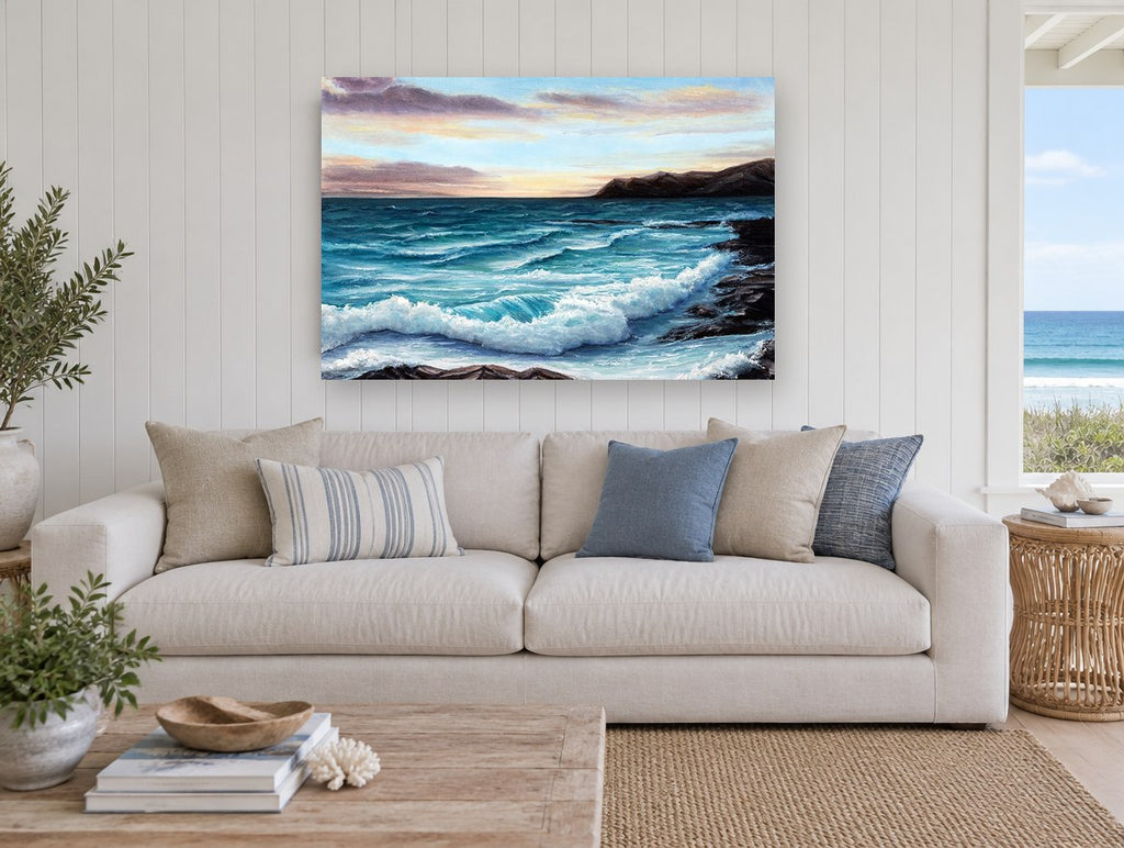 Dusk Over Teal Surf coastal canvas print on the wall of a beach house living room