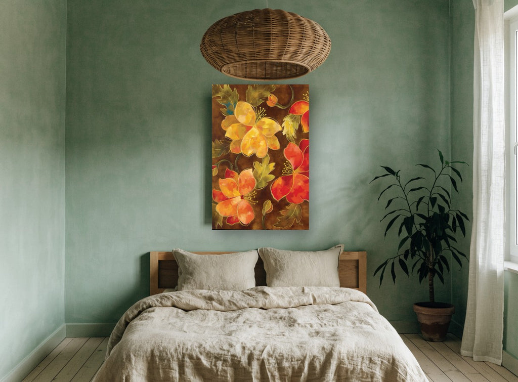 Golden Blooms on Brown floral canvas print on the wall of a bedroom