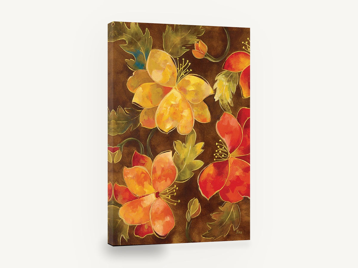 Golden Blooms on Brown, orange yellow red flowers brown background, floral canvas wall art print ready to hang