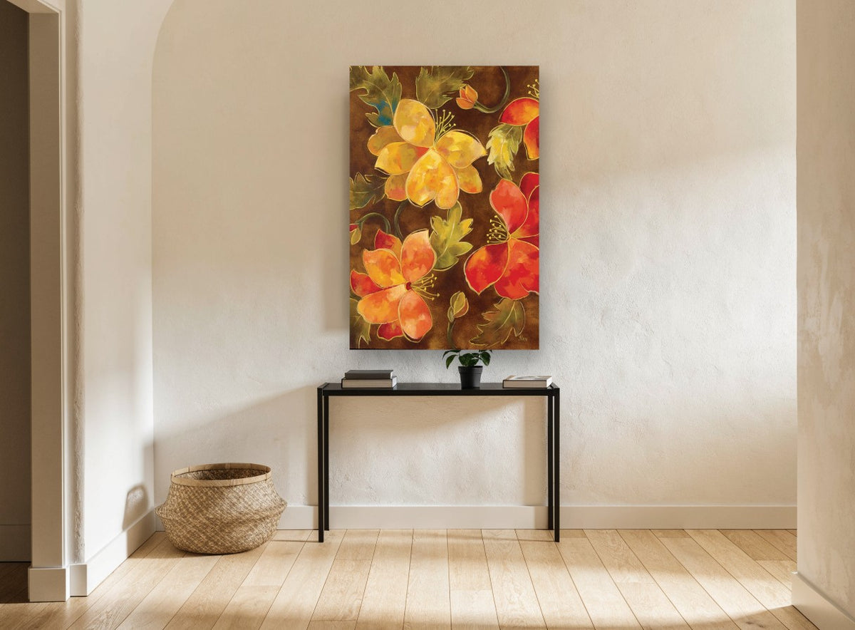 Golden Blooms on Brown floral canvas print on the wall of a hallway