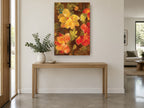 Golden Blooms on Brown floral canvas print on the wall of a entry hall