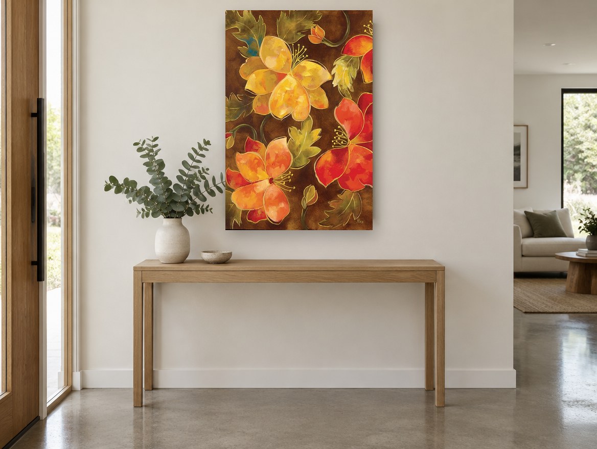 Golden Blooms on Brown floral canvas print on the wall of a entry hall