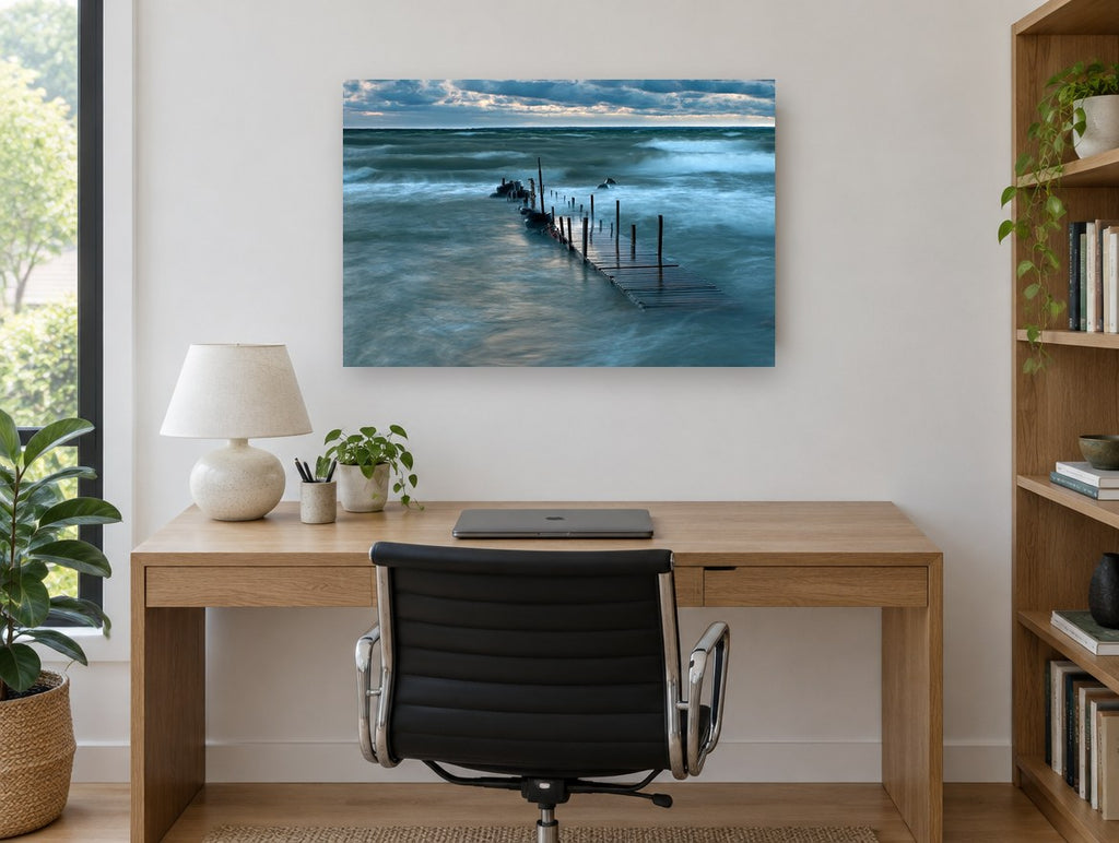 Storm Light Jetty coastal canvas print on the wall of a study