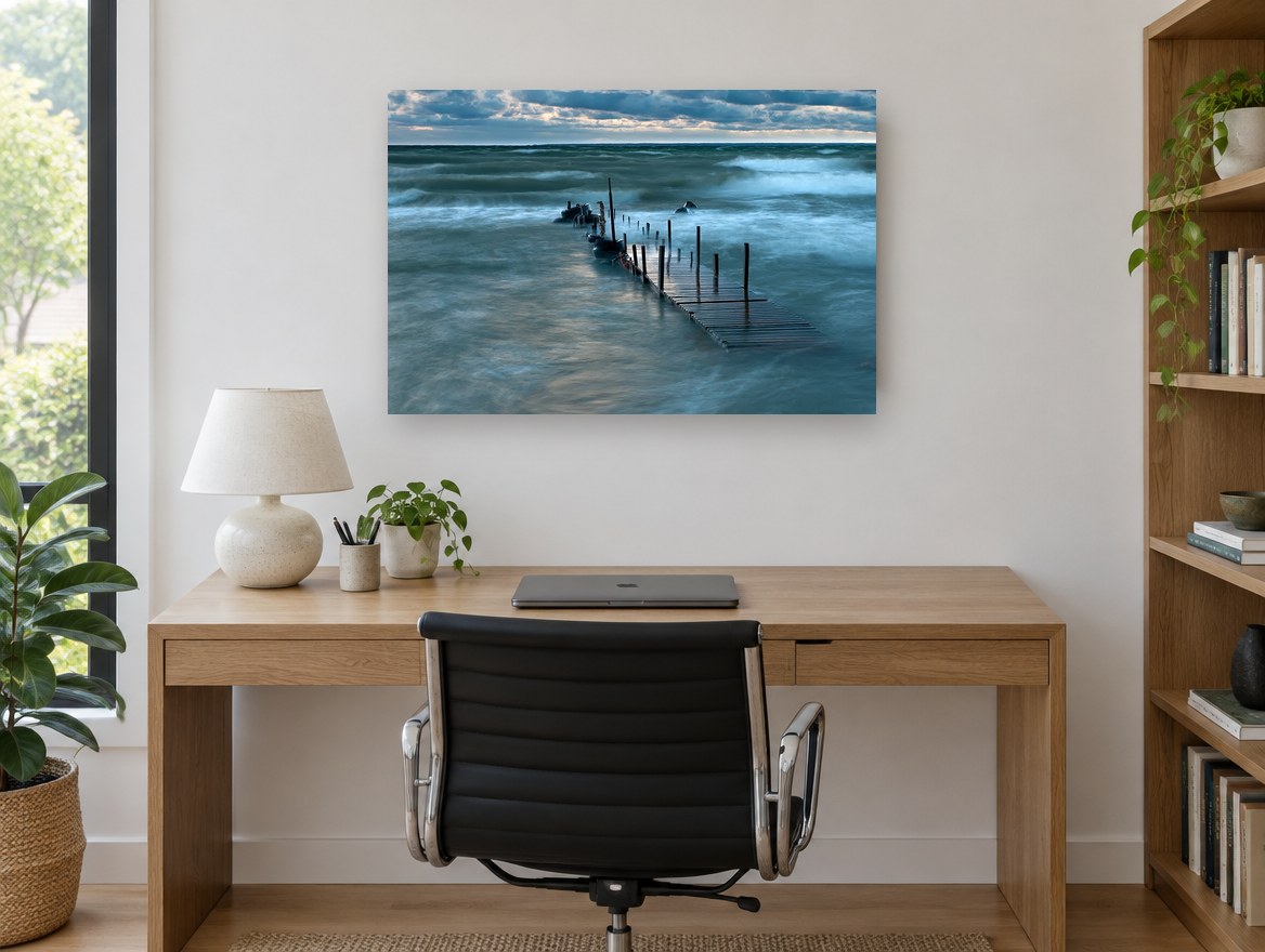 Storm Light Jetty coastal canvas print on the wall of a study