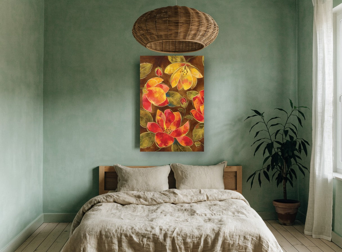 Ember Blooms on Brown floral canvas print on the wall of a bedroom