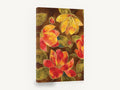 Ember Blooms on Brown, red orange yellow flowers brown background, floral canvas wall art print ready to hang