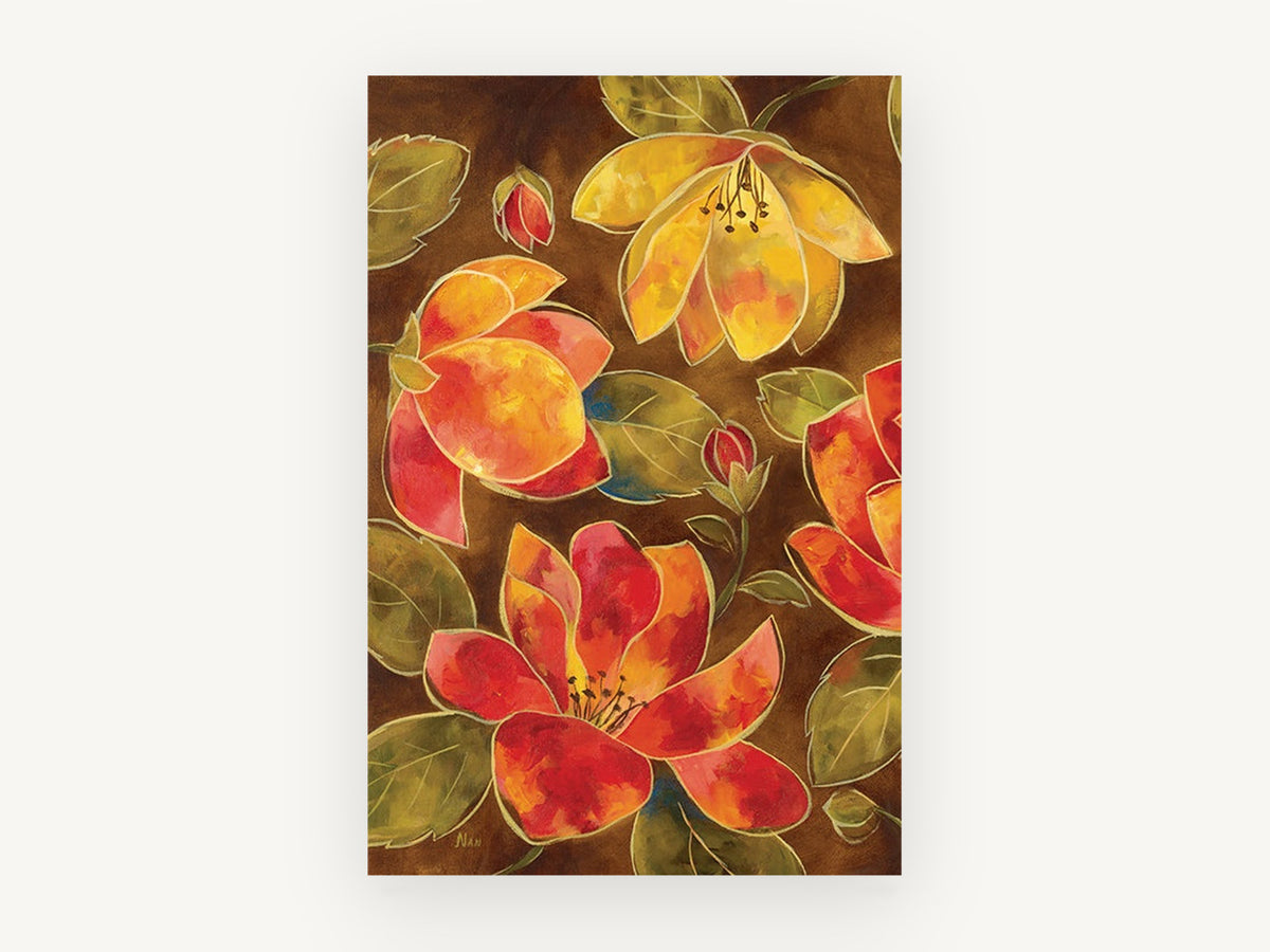 Ember Blooms on Brown, floral canvas wall art print, front view