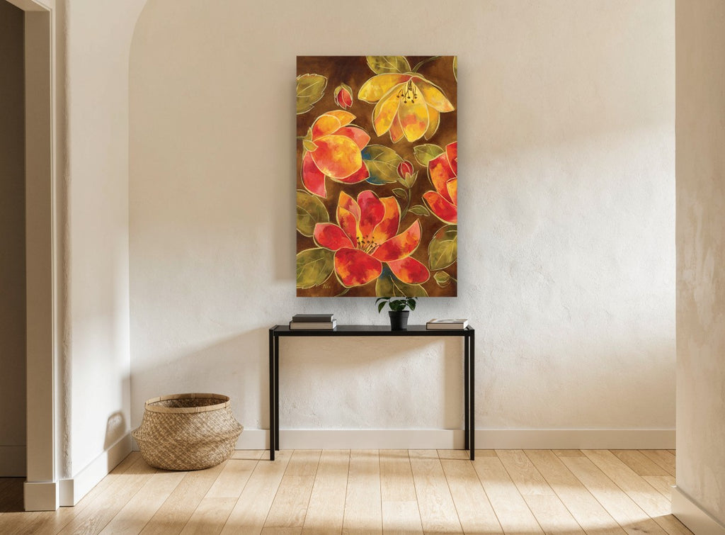 Ember Blooms on Brown floral canvas print on the wall of a hallway