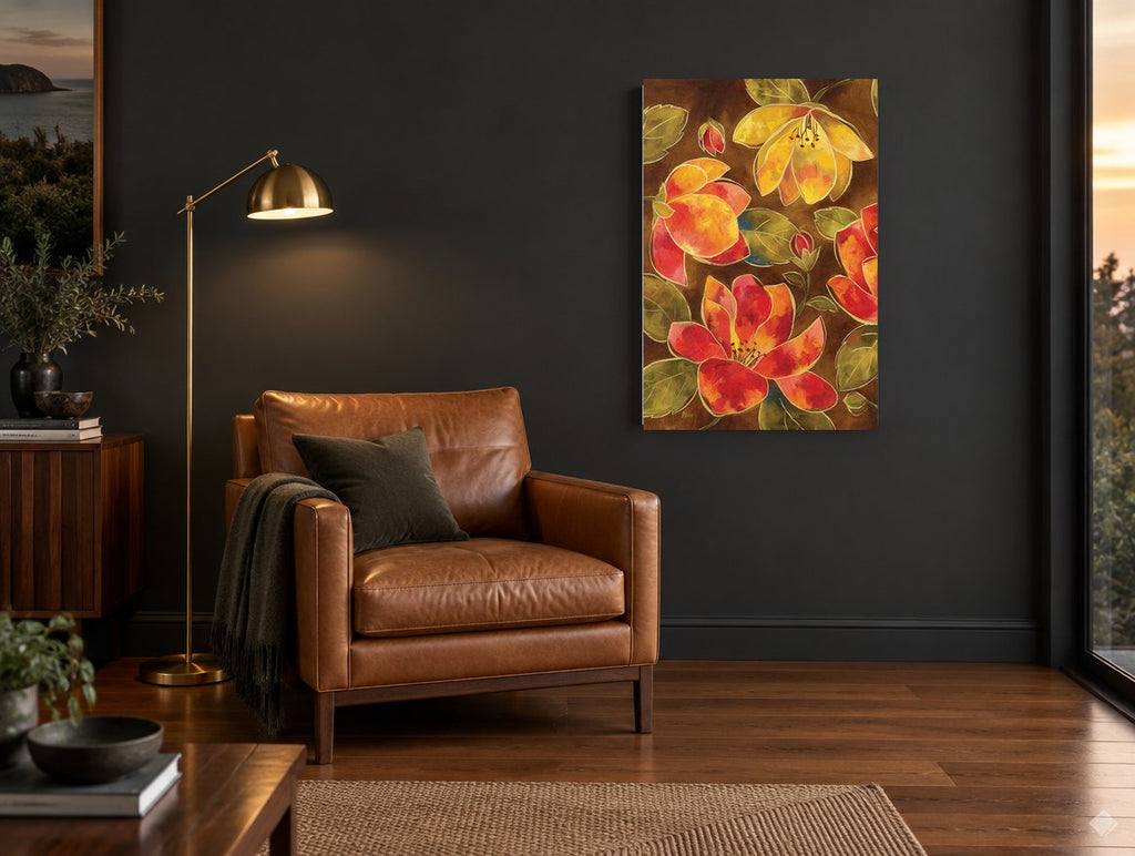 Ember Blooms on Brown floral canvas print on the wall of a charcoal living room