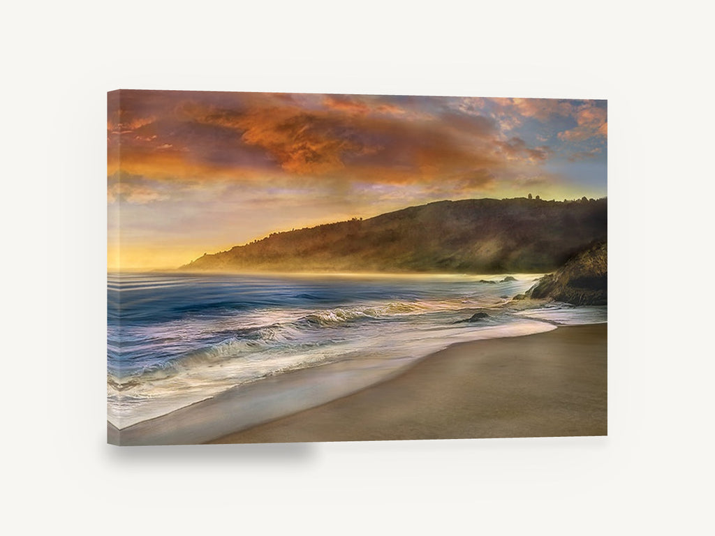 Malibu Sun Headland, sunset beach headland seascape photograph, coastal canvas wall art print ready to hang