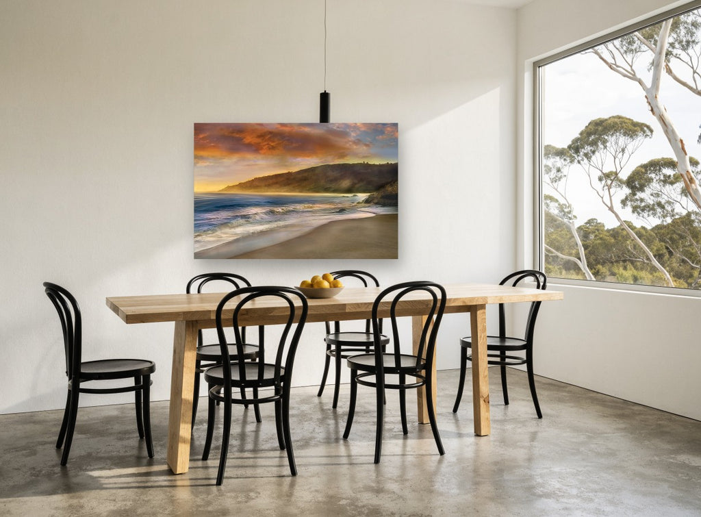 Malibu Sun Headland coastal canvas print on the wall of a dining room