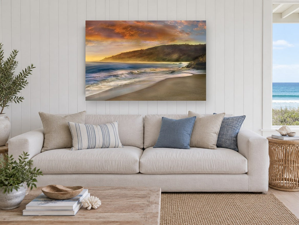 Malibu Sun Headland coastal canvas print on the wall of a beach house living room