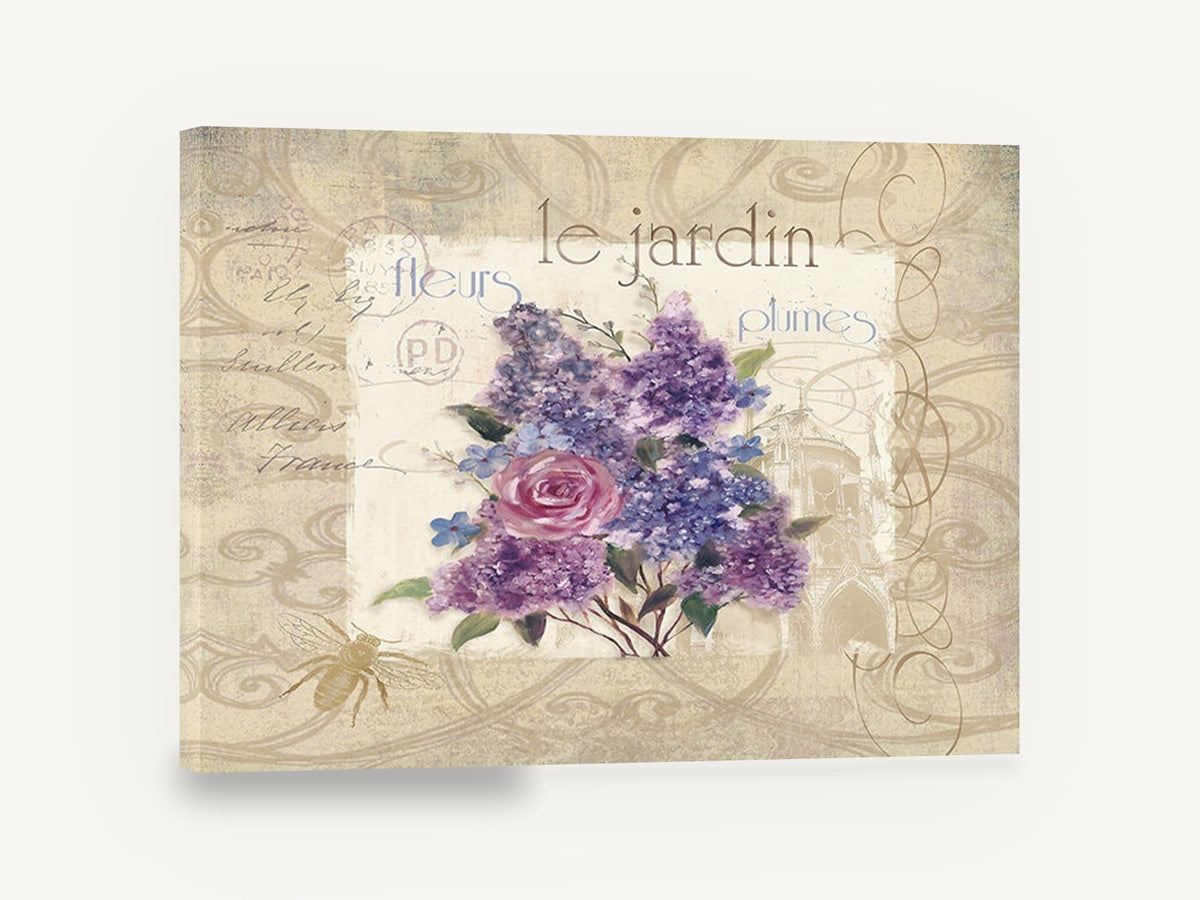 Le Jardin Lilac Postcard, lilac and rose vintage postcard floral, floral canvas wall art print ready to hang
