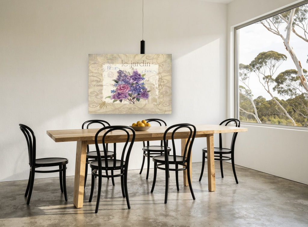 Le Jardin Lilac Postcard floral canvas print on the wall of a dining room