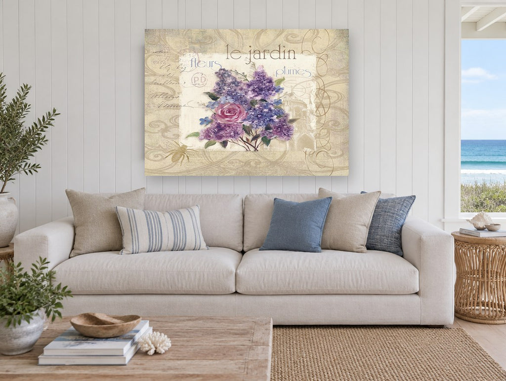 Le Jardin Lilac Postcard floral canvas print on the wall of a beach house living room