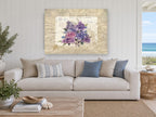 Le Jardin Lilac Postcard floral canvas print on the wall of a beach house living room