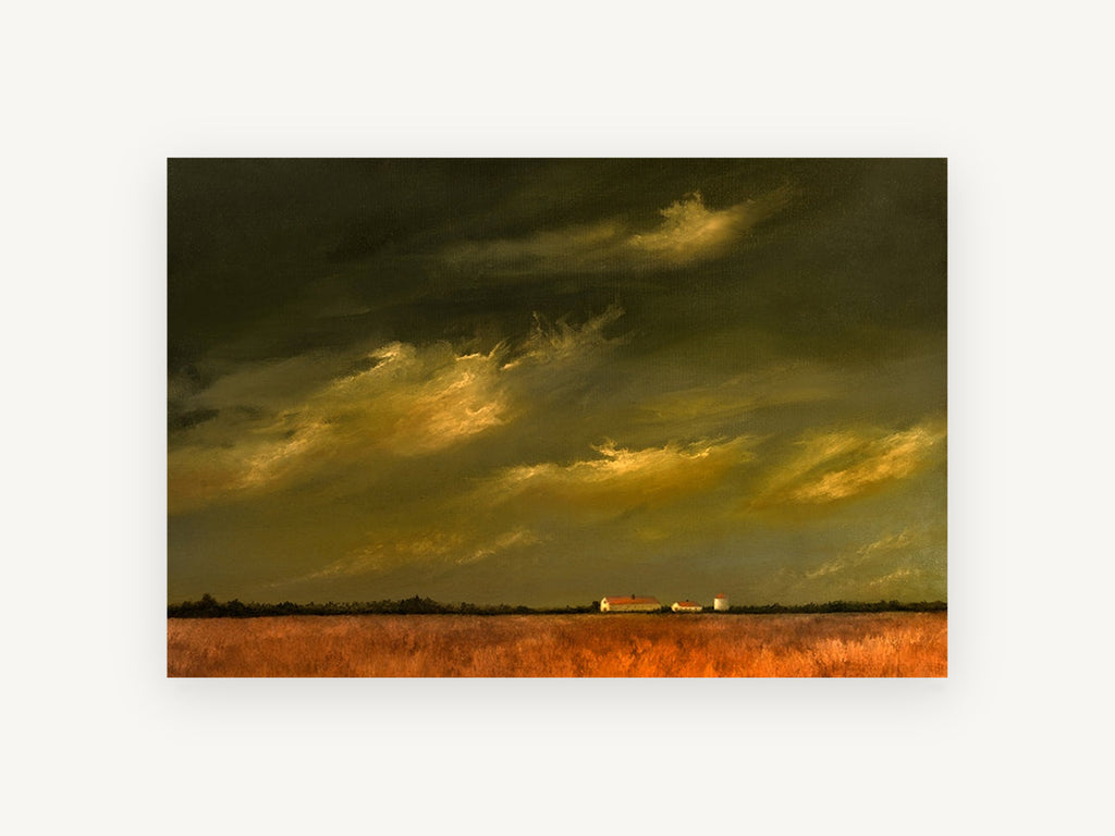 Farm Under Storm Light, stormy sky farm field landscape, landscape canvas wall art print, front view