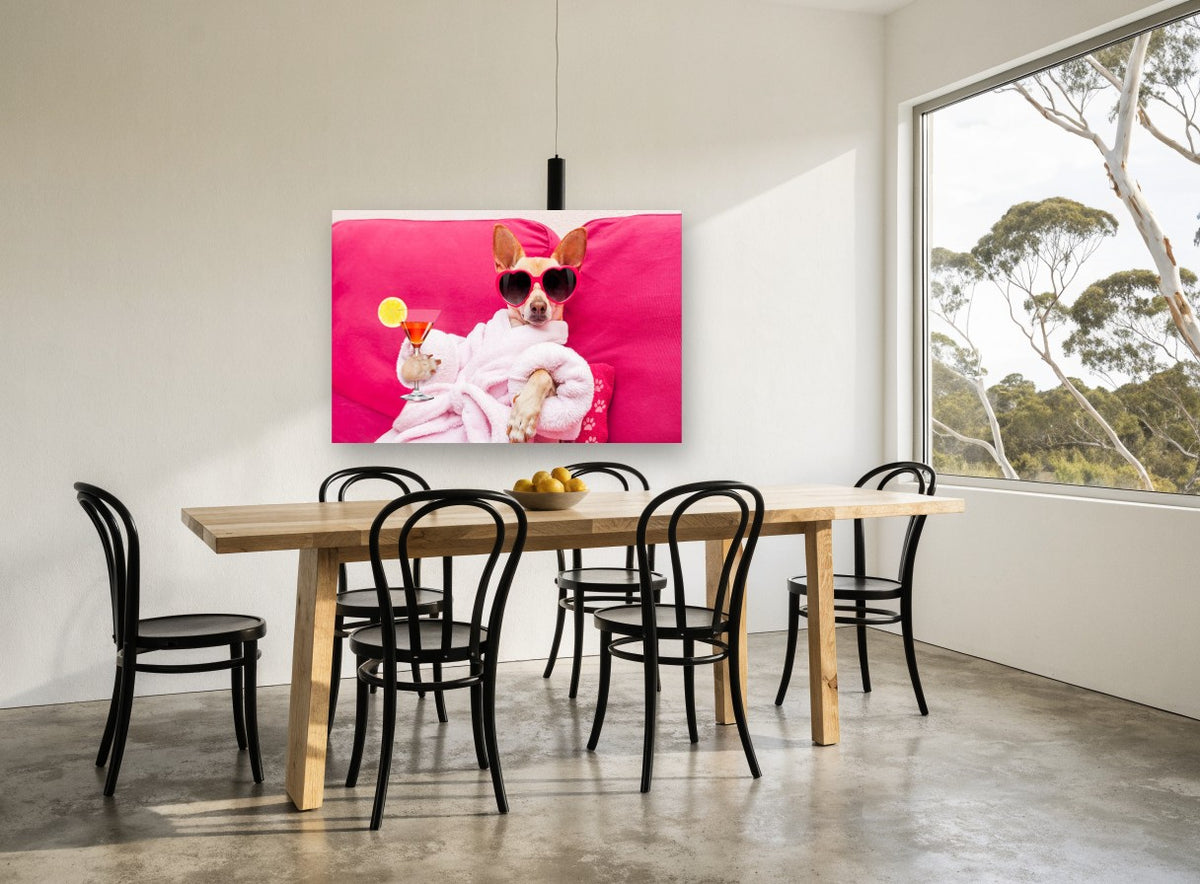 Spa Day Chihuahua animal canvas print on the wall of a dining room