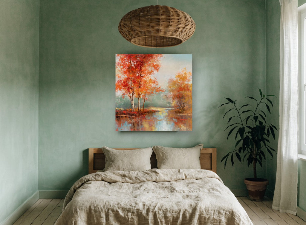 Amber Birch Reflections landscape canvas print on the wall of a bedroom