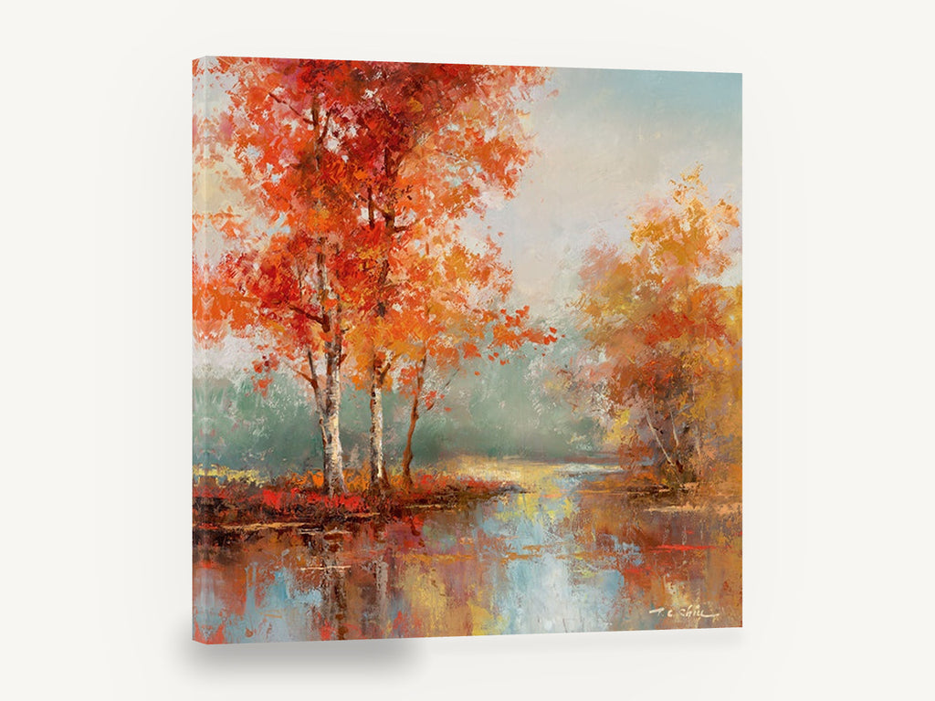 Amber Birch Reflections, autumn birch trees lake reflection, landscape canvas wall art print ready to hang