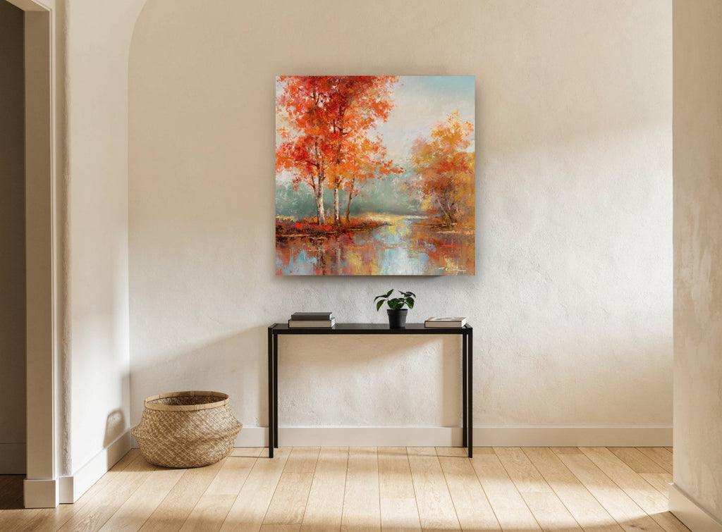 Amber Birch Reflections landscape canvas print on the wall of a hallway