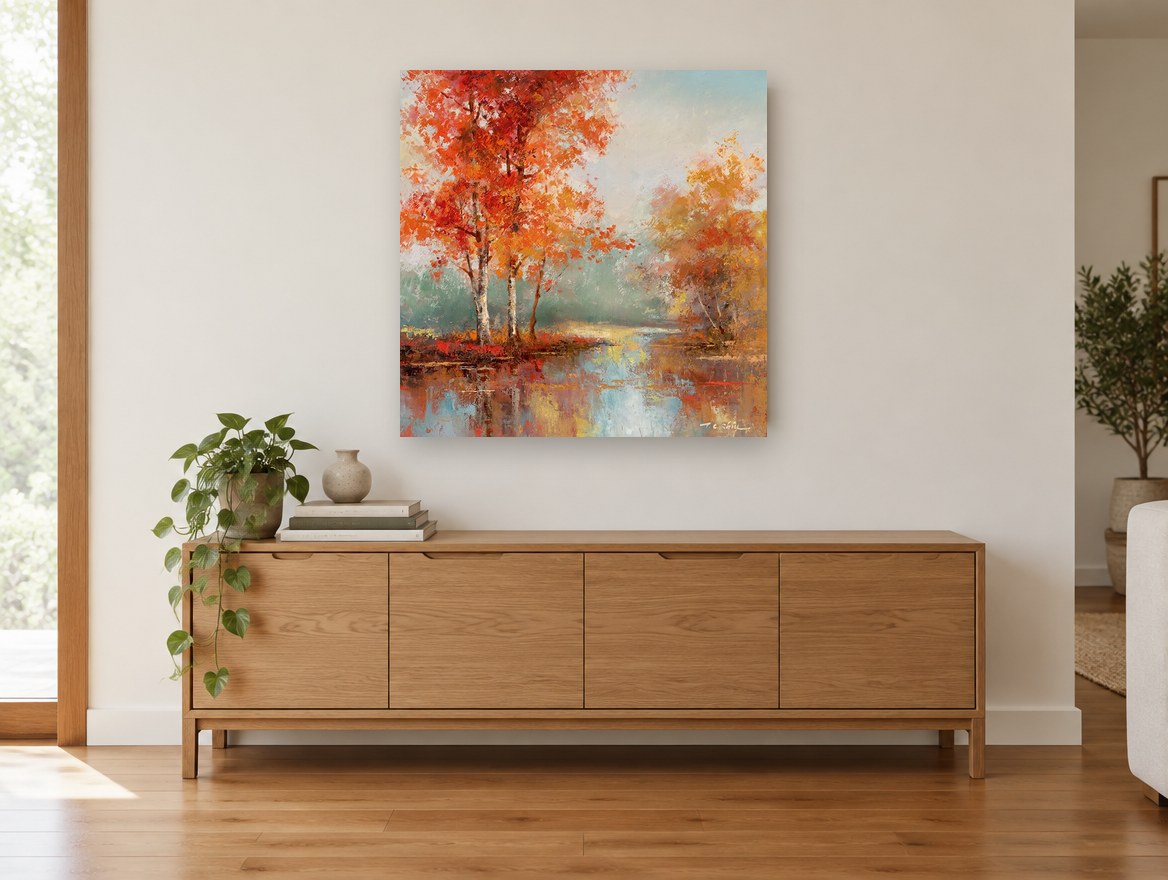 Amber Birch Reflections landscape canvas print on the wall of a living room above a sideboard