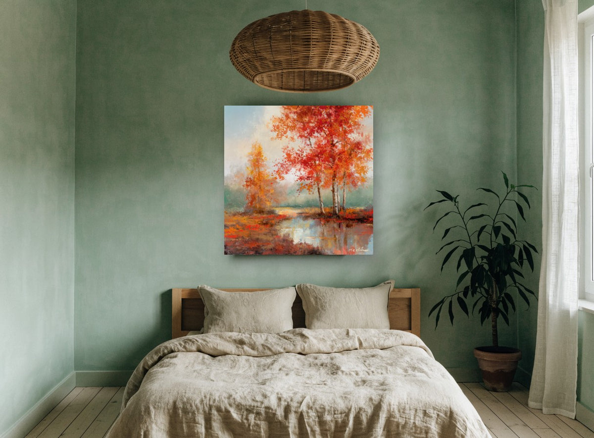 Crimson Birch Pool landscape canvas print on the wall of a bedroom