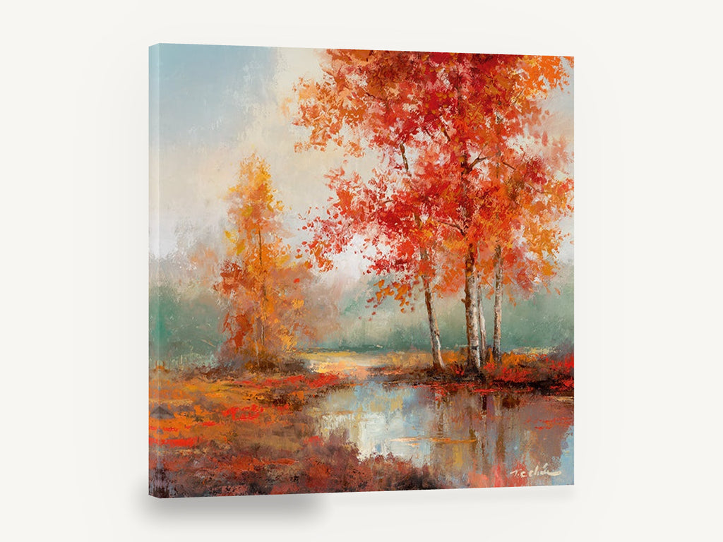 Crimson Birch Pool, red autumn birch pond landscape, landscape canvas wall art print ready to hang