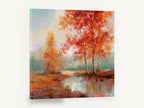 Crimson Birch Pool, red autumn birch pond landscape, landscape canvas wall art print ready to hang