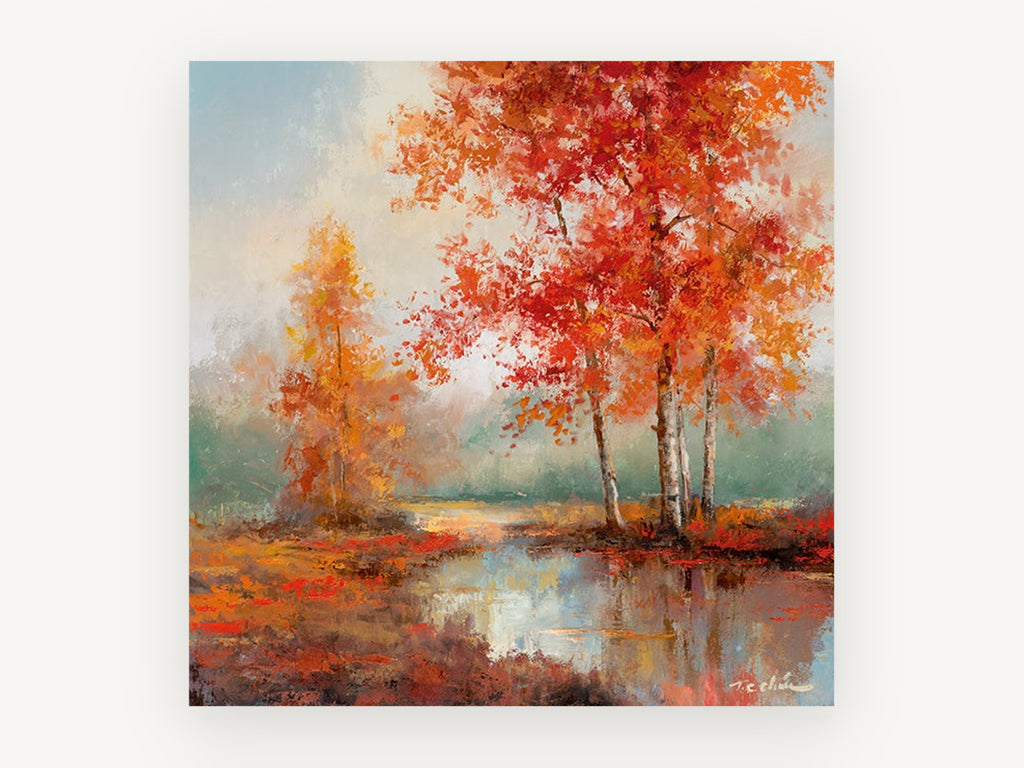Crimson Birch Pool, red autumn birch pond landscape, landscape canvas wall art print, front view