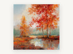 Crimson Birch Pool, red autumn birch pond landscape, landscape canvas wall art print, front view